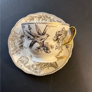 222 Fifth Black and Gold Bird Teacup and Saucer Set